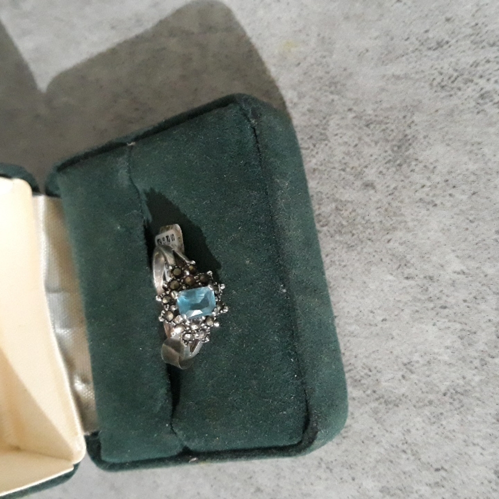 Sterling Silver Aqua  Marcasite CZ Ring Sz 6